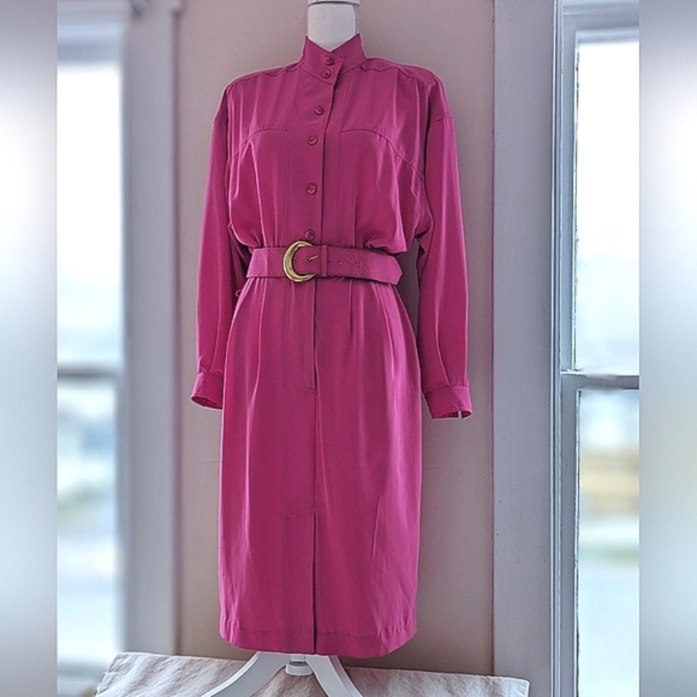 Vintage 1980's Bright Pink Dress Belted Button Down High Neck Pockets Size 10